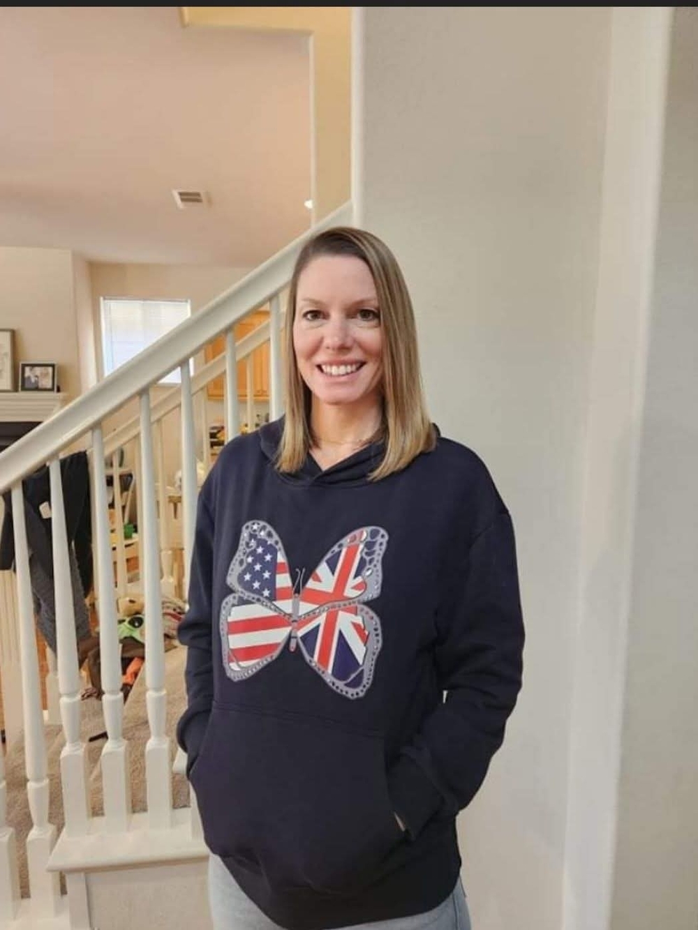 Navy Hoodie with Flag Butterfly Graphic